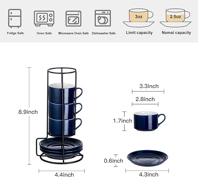 2.5oz Espresso Cups Set of 4, Porcelain Stackable Espresso Cups with Saucers and Metal Stand Set, Blue Expresso Shots Cup Set for Cappuccino, Coffee Drinks, Latte, Tea