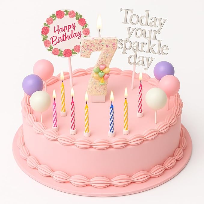 by Tugba Aydan -7 Number Birthday Candles – 24 Piece Cake Decoration Kit with Number Candle – Party Supplies for Kids Seventh Birthday Celebration