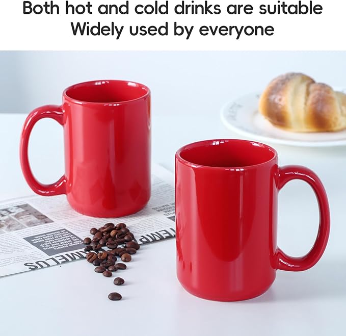 Smilatte 16 OZ Porcelain Coffee Mugs, Classic Blank Ceramic Cup with Large Handle for Tea Latte Cappuccino, Set of 4, Red