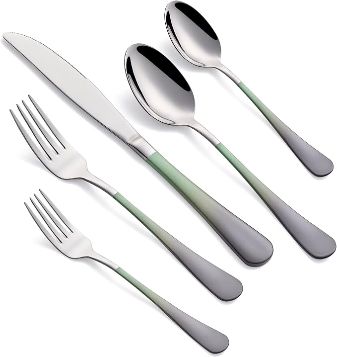 20-Piece Green and Gray Silverware Set for 4, 18/0 Stainless Steel Flatware Cutlery Utensils Set, Include Dinner Knives,Dinner Forks,Dinner Spoons,Salad Forks,Teaspoons,Dishwasher Safe
