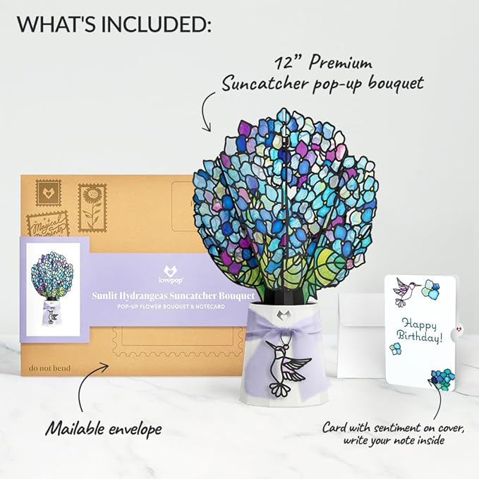 Lovepop Birthday Suncatcher Bouquet | Sunlit Hydrangeas Bouquet and Birthday Sentiment | 12" Bouquet | Mailable Envelope included