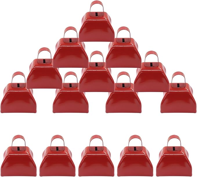 15 Pack 3 Inch Red Metal Cowbells -Cowbells Noise Makers Hand Percussion Cow Bells Loud Cowbells with Handle for Sports Games,Weddings and Parties