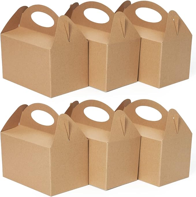 Happyhiram 12 CT Kraft Candy Boxes with Handle, Gable Boxes 6-In DIY Favor Bags for Snack, Cookie Bags for Birthday, Baby Shower, Wedding