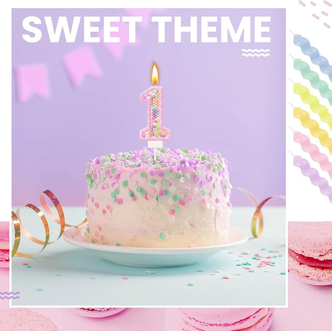 MTLEE Number 1 Birthday Candle with 12 Pcs Spiral Candles for Girls Macaron Pastel Rainbow Unicorn Pink Cake Topper for Sweet Theme Party Decoration