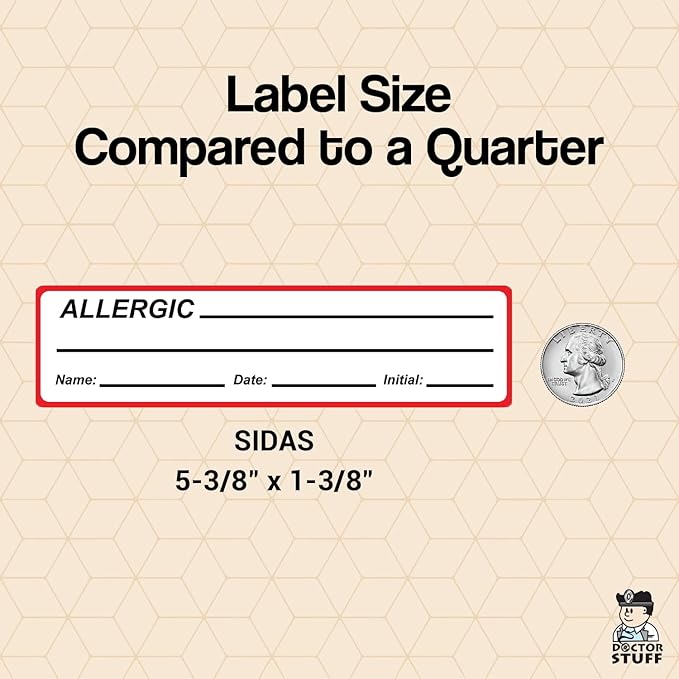 Allergic Chart Label with Name Date Initial Fields 5-3/8” x 1-3/8” Red Black Doctor Stuff Permanent Adhesive 200 Stickers/Roll