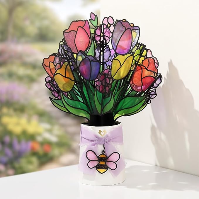 Lovepop Everyday Pop-Up Suncatcher Bouquet for Her and Him - 3D Greeting Cards for Boys, Girls, Men, Women - Vibrant Tulips - 12" Bouquet - Blank Notecard & Envelope Included