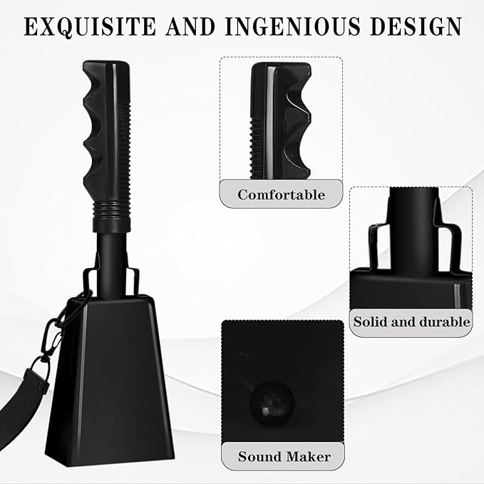 10inch Metal Cowbells with Handle, 1Pcs Cow Bells with Wrist Strap for Sporting Events, Football Games,Party, Concert, Graduations, Farm Ranch, Black