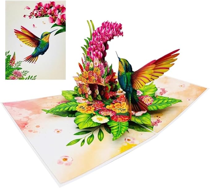 3D Pop Up Greeting Card – Colorful Hummingbird with Floral Garden – Unique Card for Birthday, Mother’s Day, Anniversary & Special Occasions, F62