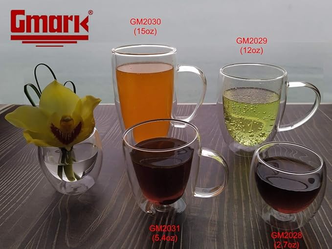 Gmark Large Coffee Mugs Set of 2 (15 oz), Double Wall Tumbler Glass Cup, Insulated Coffee Cups for Tea, Latte, Espresso, Juice, or Water GM2030