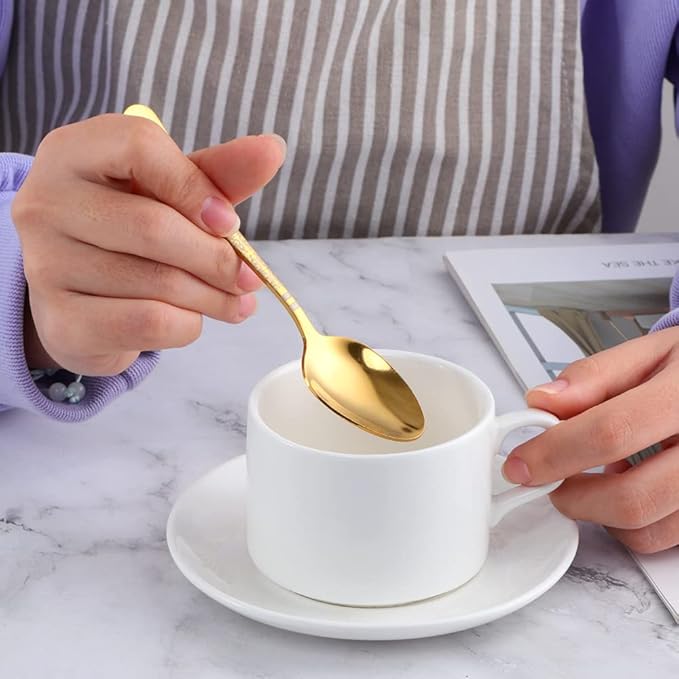 Gold Unique Pattern Design Coffee Espresso Spoons Mini, Mingcheng Stainless Steel Small Teaspoons Silverware Set of 12, BISDARUN 5.5 Inches Food Spoons for Demitasse Dessert Tea