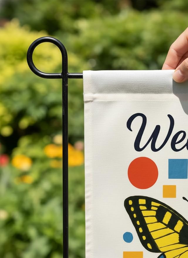 FLAGMEUP8386 Welcome Butterfly Garden Flag 12x18 Inch Double-Sided Polyester Yard Banner with Swallowtail and Geometric Flowers, Outdoor Decoration for Late Summer and Fall