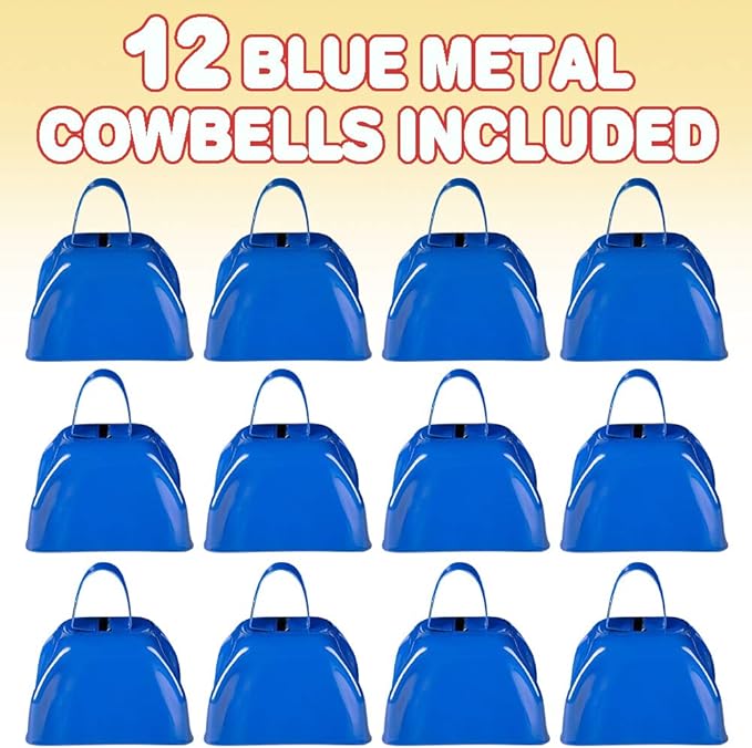 ArtCreativity 3 Inch Blue Metal Cowbell Noisemakers (Pack of 12) Loud Metal Cowbell Noise Makers Party Favors with Handles, Great for Football Games, Sporting Events, for Kids and Adults
