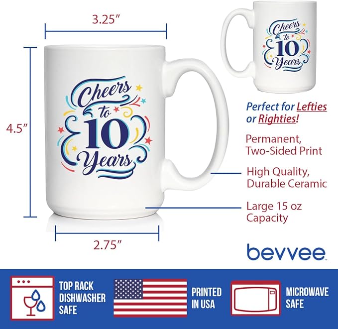Bevvee Cheers to 10 Years - Coffee Mug Gifts for Women & Men - 10th Anniversary Party Decor - Large 15oz White Ceramic Mug