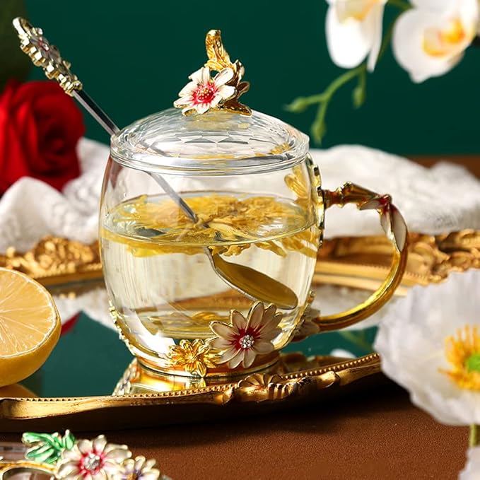 Flower Tea Cups Christmas Birthday Gift for Women Mom Sister Friend Glass Coffee Mug Teacups with Saucer Lid Spoon Vintage Wedding Cup(11oz Daisy)