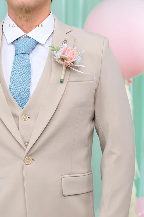 TINGE TIME Boutonniere for Men Wedding,Groom and Best Man Boutonniere for Wedding Ceremony Anniversary, Formal Dinner Party and Rustic Spring Wedding Marriage (10, MintGreen&Pink)