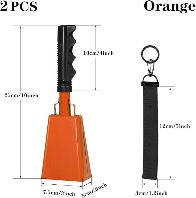 10Inch Cowbells with Handle for Sporting Events, 2Pcs Large Cow Bells with Wrist Straps, Loud Noise Makers for Cheering Football Games Spirit Marathon Weddings Party Noisemakers, Orange
