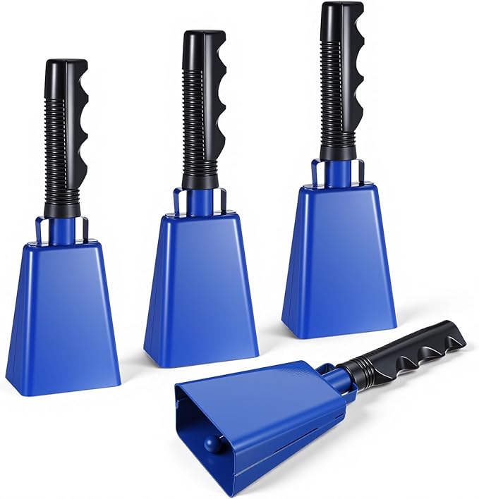 4 Pack 9-Inch Blue Cow Bells for Sporting Events - Blue Cowbell with Handle, Loud Metal Cheering Bell for Football Games, Stadium Noise Makers, Bulk Cowbells Instrument