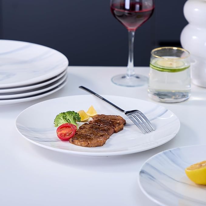 bestone Dinner Plates, 10.5 Inch Plates Set of 6, Porcelain Round Dessert Salad Dinner Plates, Serving Dishes for Kitchen, Dishwasher, Microwave, Freezer, Oven Safe, Marble Blue