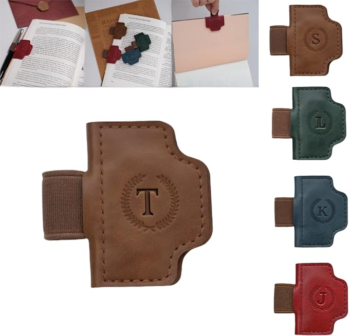 Personalized Magnetic Bygone Mark Bookmark with Pen Holder, 26 Letters Name Initial Custom Leather Book Mark for Women, Gifts for Book Lovers and Readers (Brown,T)