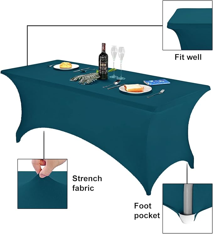 FORLIFE Fitted Spandex Table Cover - Peacock Pattern (6ft Rectangular Tables for Wedding, Banquet, Party)