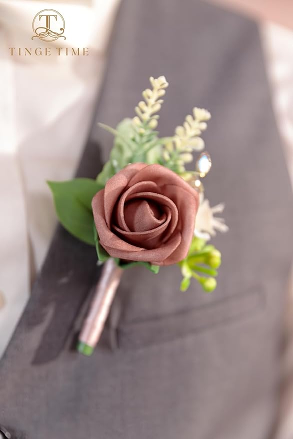 TINGE TIME Boutonniere for Men Wedding,Groom and Best Man Boutonniere for Wedding Ceremony Anniversary, Formal Dinner Party and Rustic Spring Marriage (10, DustyRose&Champagne)