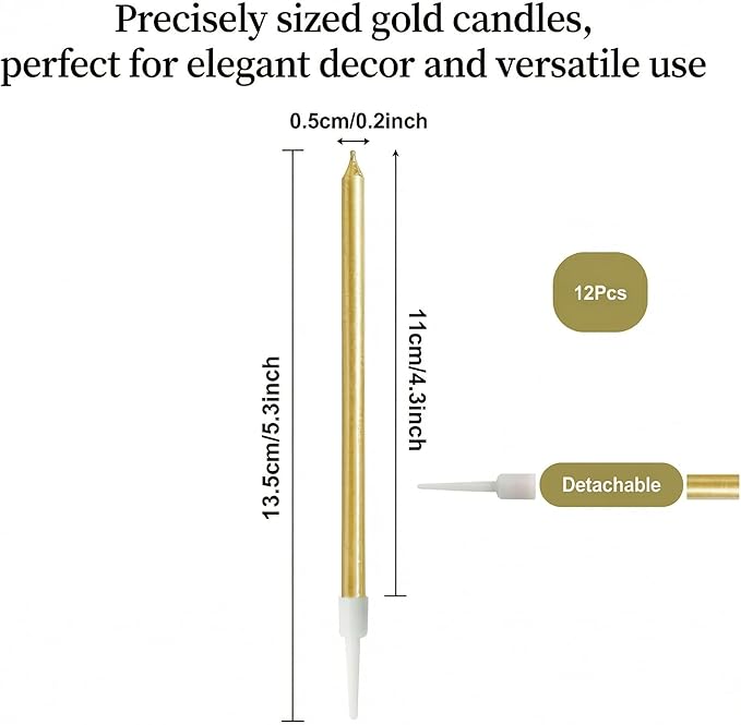 Long Thin Gold Birthday Candles for Cakes, Pack of 12 Pieces Long Gold Party Candles with Candle Holders, Tall Candles for Wedding, Birthday, Party Decorations, Anniversary and Meetups