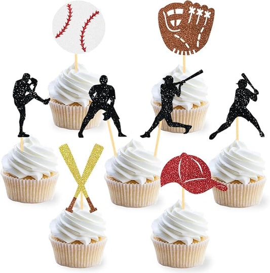24Pcs Glitter Baseball Cupcake Toppers for Baseball Party Decorations, Baseball Player Cupcake Toppers - Baseball Theme Cake Topper Baseball Theme Baby Shower Party Decorations (B Ball Player)