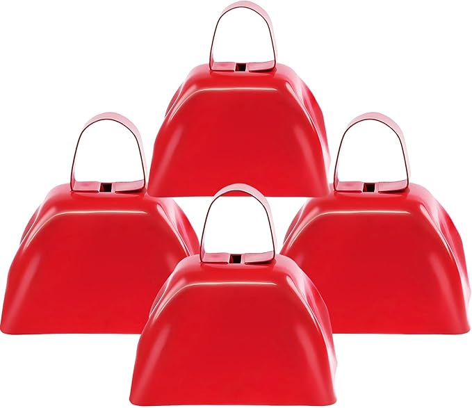 Cow Bells Noise Makers for Sporting Events, 4PCS Metal Cowbells with Handle - Small Loud Bell Bulk Hand Percussion Noisemakers for Football Games Graduation Sporting Events Weddings