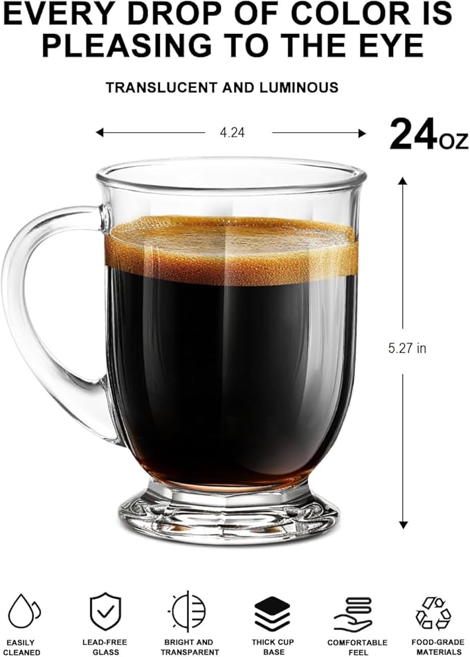 LUXU 24 OZ Glass Coffee Mugs(1 PACK),Large Clear Coffee Mug,Glass Mugs With Handles for Hot and Cold Beverages, Cappuccino, Latte,Juice,Milk,Hot Chocolate,Beer Mug
