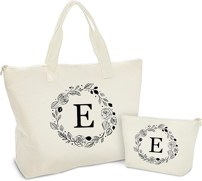 Personalized Initial Canvas Tote Bag with Zipper, Present Bag with Inner Pocket & Make Up Bag, Great Gifts for Women, Mom, Teachers, Friends, Bridesmaids