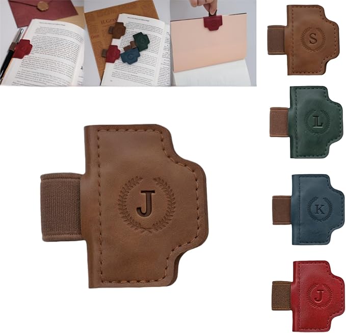 Personalized Magnetic Bygone Mark Bookmark with Pen Holder, 26 Letters Name Initial Custom Leather Book Mark for Women, Gifts for Book Lovers and Readers (Brown,J)