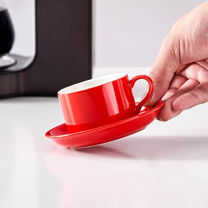 4oz Porcelain Stackable Espresso Cups with Saucers and Metal Stand Set of 4, Stackable Espresso Cups Set of 4, Red Expresso Shots Cup Set for Coffee Drinks, Cappuccino Latte, Americano, Tea