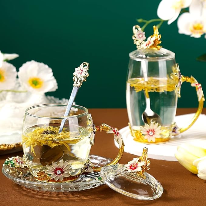 Flower Tea Cups Christmas Birthday Gift for Women Mom Sister Friend Glass Coffee Mug Teacups with Saucer Lid Spoon Vintage Wedding Cup(11oz Daisy)