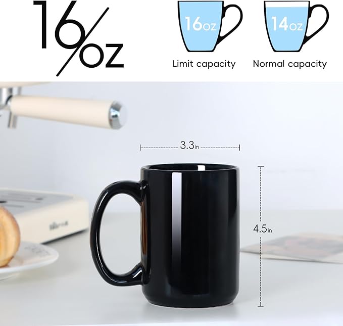Smilatte 16 OZ Porcelain Coffee Mugs, Classic Blank Ceramic Cup with Large Handle for Tea Latte Cappuccino, Set of 4, Black