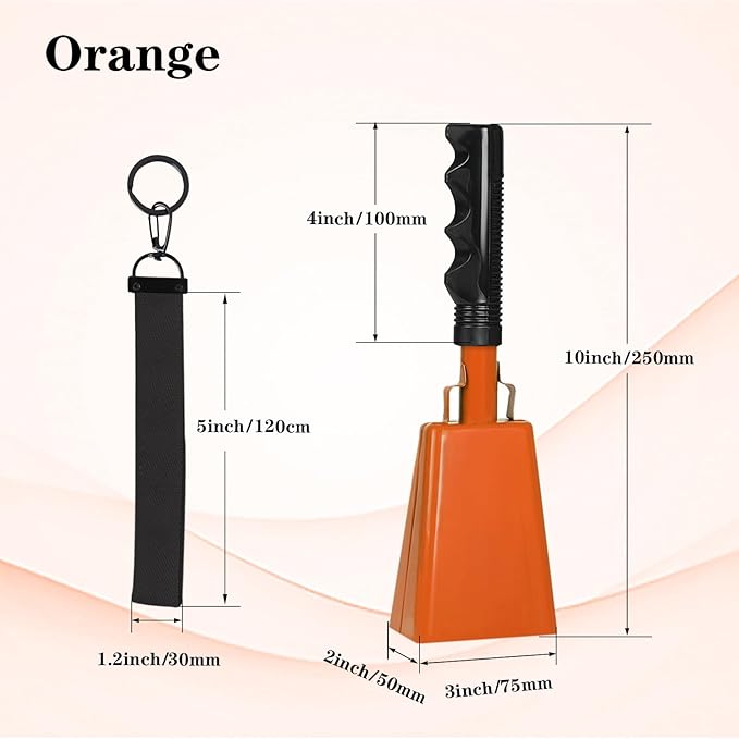 10inch Metal Cowbells with Handle, 1Pcs Cow Bells with Wrist Strap for Sporting Events, Football Games, Party, Concert, Graduations, Farm Ranch, Orange
