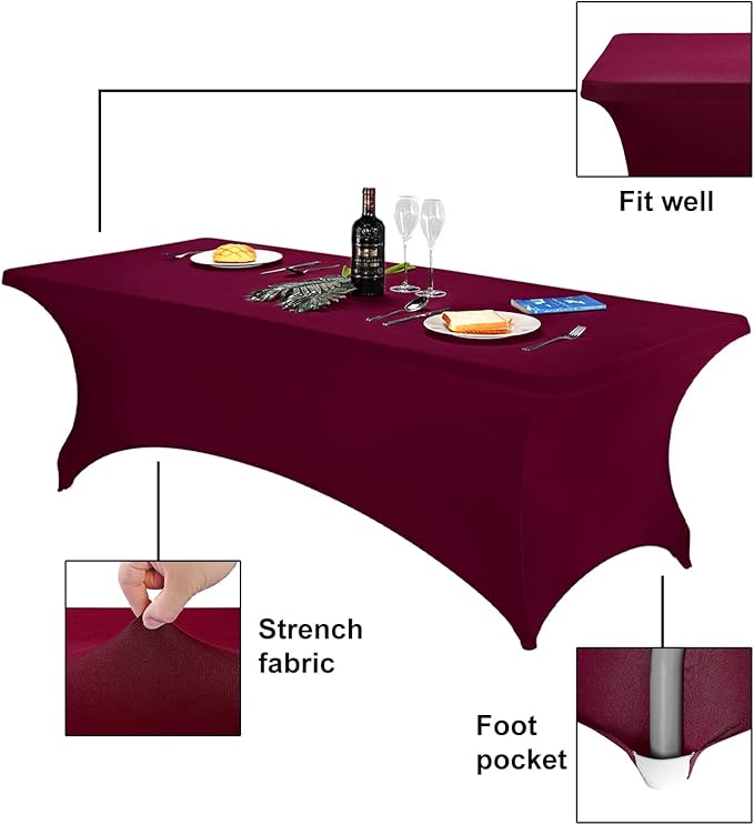 FORLIFE Spandex Table Cover - Fitted 8ft Rectangular Tablecloth, Stretch Patio Cover, Universal for Wedding, Banquet, Party (Burgundy)