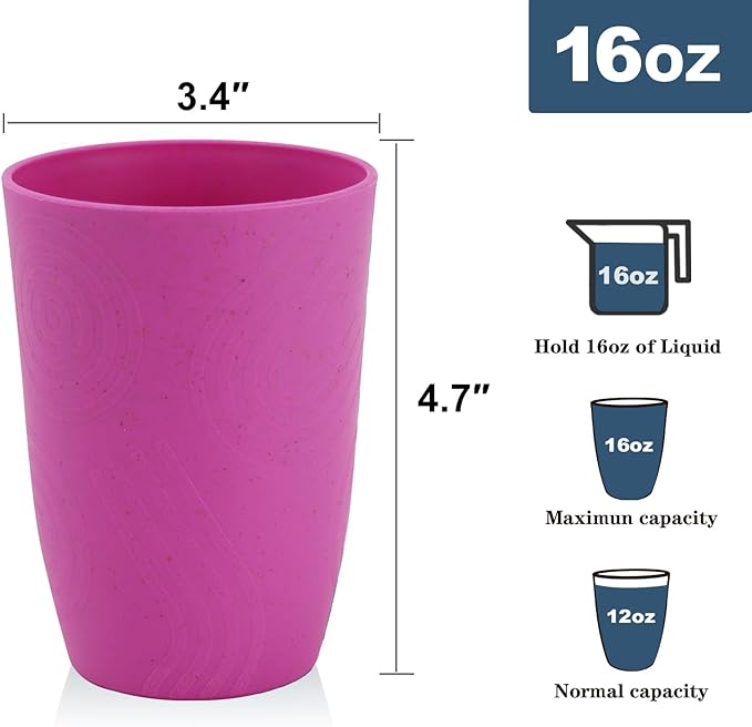Homienly Wheat Straw Cups - 6 PCS Reusable Unbreakable Drinking Cups - Alternative Plastic Cups - Stackable Water Tumblers - Dishwasher Safe Water Glasses (16 OZ, Pink)