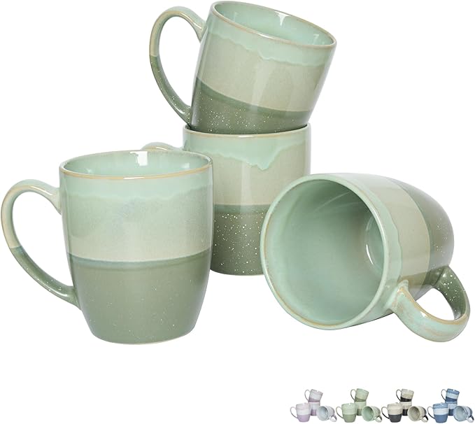 Bosmarlin Ceramic Coffee Mug Set of 4, 17 Oz, Green Coffee Cups with Big Handle, Microwave Safe, Unique Reactive Glaze