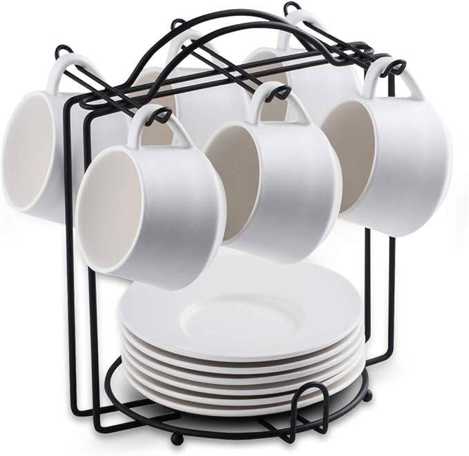 YHOSSEUN Espresso Cups Set with Saucers and Metal Stand Coffee Cup Set of 6 4 oz Cappuccino Cups Teacup for Tea Party - White