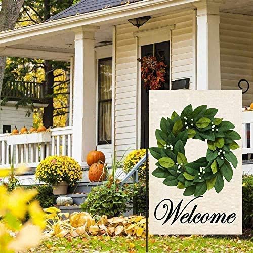 Baccessor Wreath Garden Flag Magnolia Leaves Welcome Small Yard Flag 12.5 X 18 Inch Double Sided Burlap Winter Spring Flag for Outside Decor