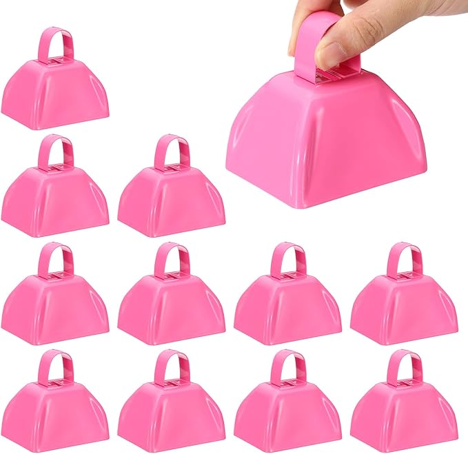 PATIKIL 12pcs Cow Bells for Football Games, 3inch Cowbells for Sporting Events Bulk Loud Noise Makers Metal Cow Bell with Handle for Cheering Wedding,Pink
