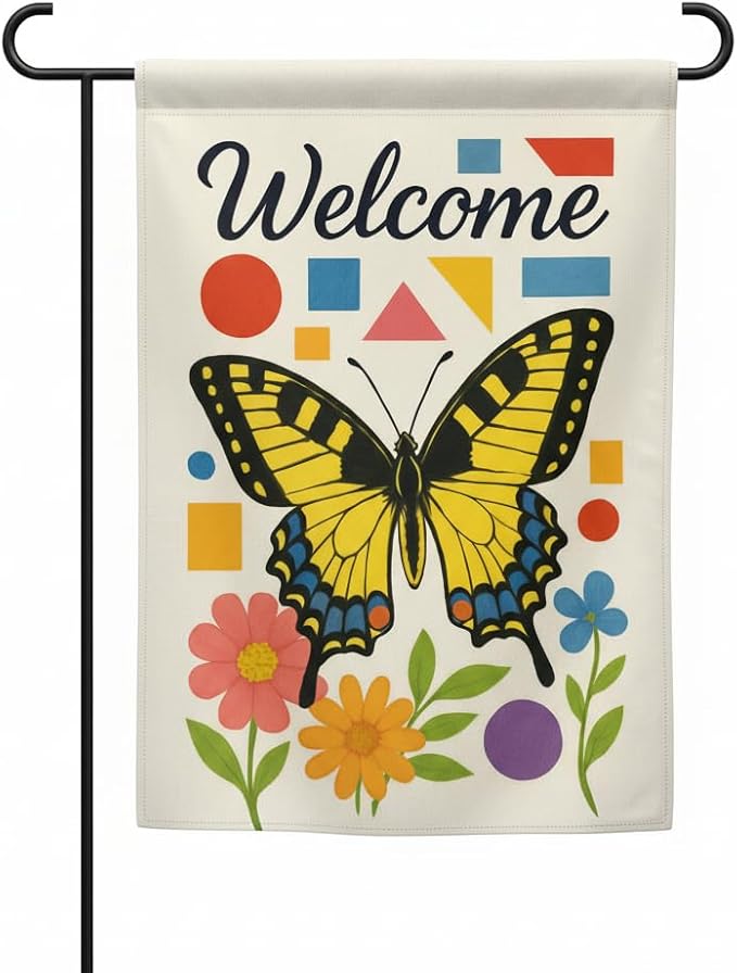 FLAGMEUP8386 Welcome Butterfly Garden Flag 12x18 Inch Double-Sided Polyester Yard Banner with Swallowtail and Geometric Flowers, Outdoor Decoration for Late Summer and Fall