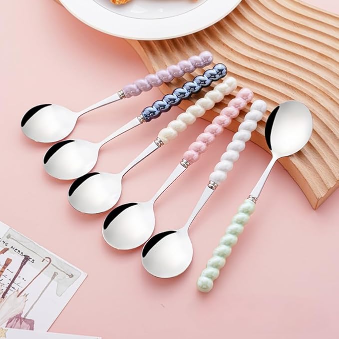 (6 Pieces) 7.48 Inch Exquisite Ceramic Spoon Household Stainless Steel Eating and Drinking Soup Spoon Coffee Spoon Tea Spoon (Mixed)