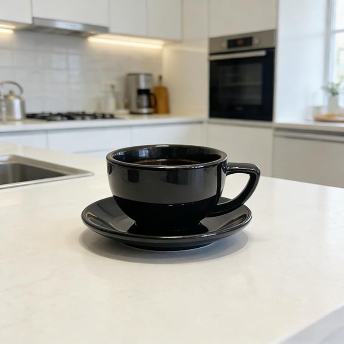 Ceramic Latte Mug, 10.82oz Barista Cup with Saucer, 7mm Thickened Rim Ceramic Cappuccino Cup, Vintage Latte Art Mug for Home & Café (Bright Black)