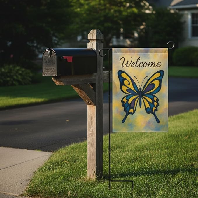 FLAGMEUP8386 Welcome Butterfly Garden Flag 12x18 Inch Double-Sided Polyester Yard Banner with Swallowtail Artistic Blue & Yellow Design, Outdoor Décor for Fall Gardens Seasonal Greetings