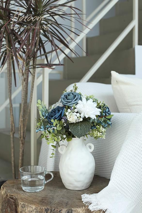 Floroom Artificial Flowers 25pcs Real Looking Dusty Blue Foam Fake Roses with Stems for DIY Wedding Bouquets Bridal Shower Floral Centerpieces Party Tables Decorations