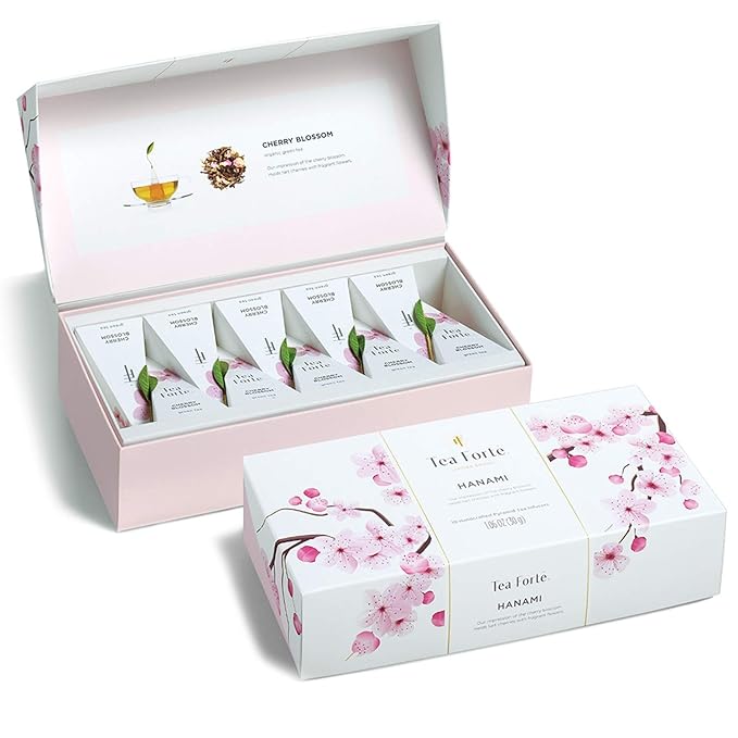 Tea Forte Premium Petite Presentation Box Gift Set Sampler, 10 Count, 2 of Each Blend Individually Wrapped Handcrafted Pyramid Infuser Bags, Cherry Blossom