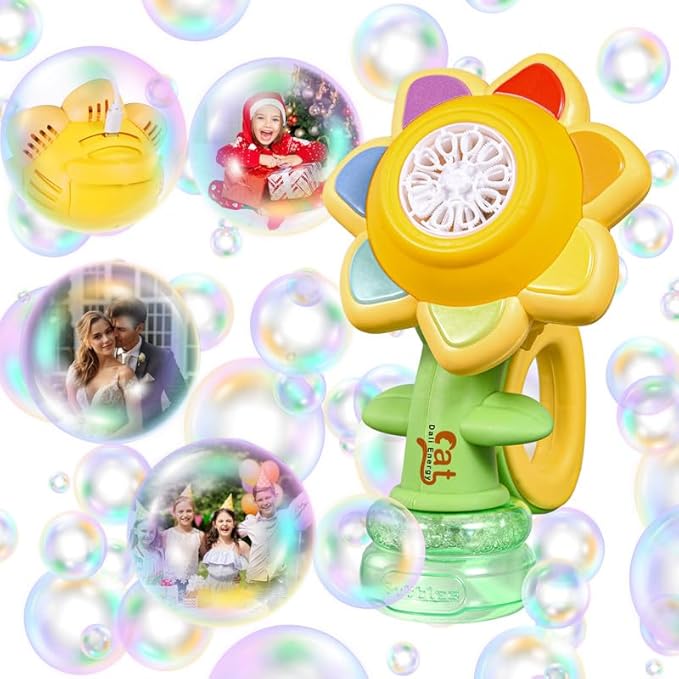 Sunflower Bubble Machine for Kids Automatic Flower Bubble Toy with Colorful Lighting for Toddlers Handheld 20000+Bubbles 3 Modes Fun Swing Dance Bubble Maker Blower Blaster Outdoor Toys Type-C Yellow