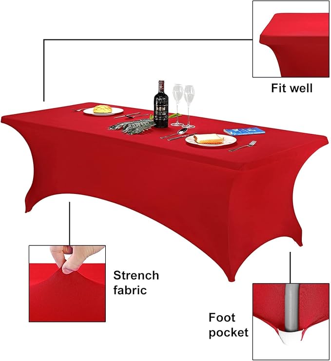 FORLIFE Spandex Table Covers - Fitted 8ft Rectangular Tablecloth, Stretch Patio Table Cover for Wedding, Banquet, Party (Red)