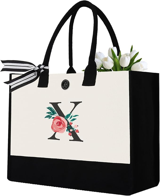 Initial Canvas Tote Bag, Personalized Birthday Gifts for Women Mom Friends Teachers, Monogrammed Tote Bags Suitable for Mother's Day Wedding Beach (Letter X)